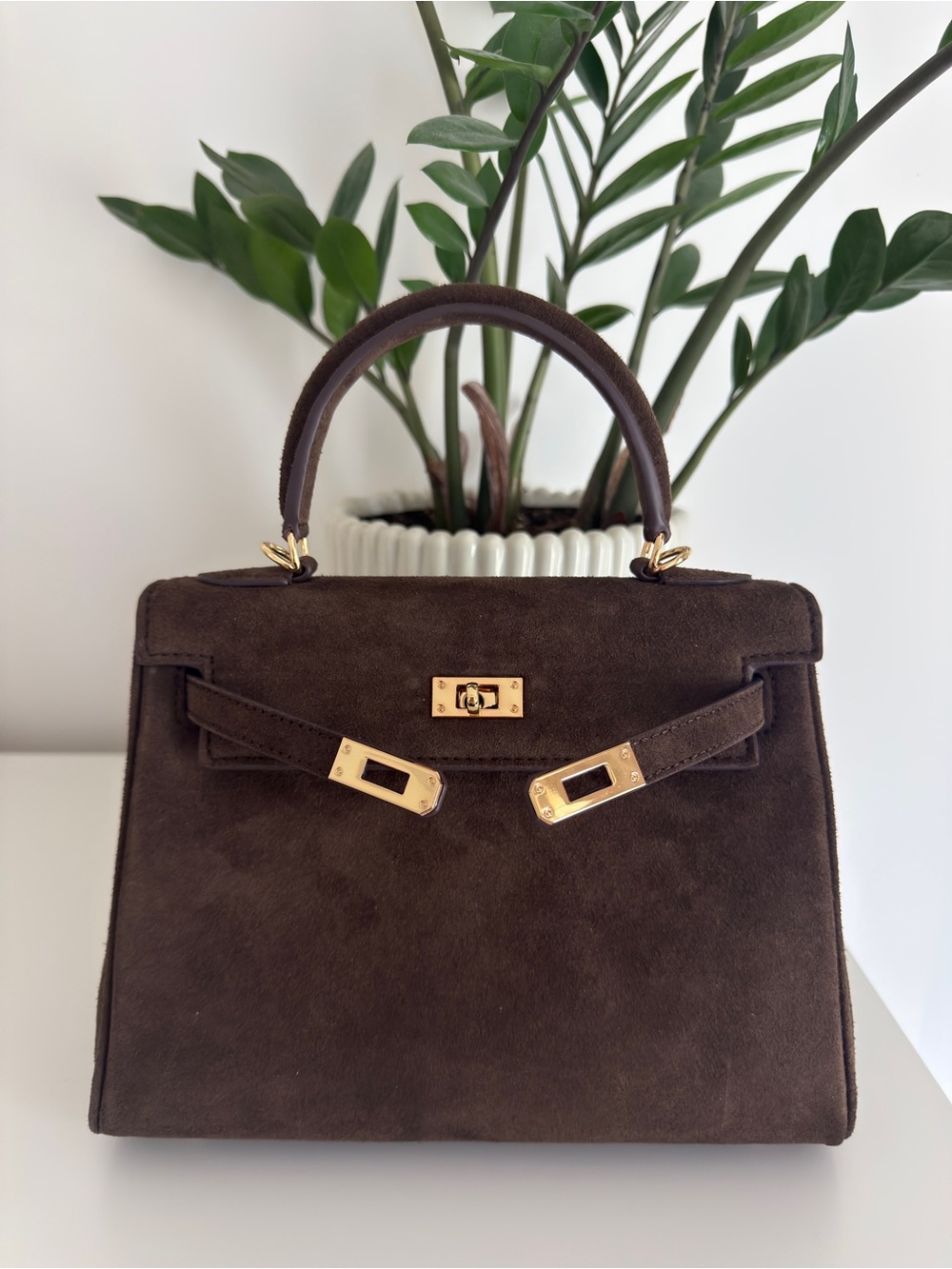 Kelly Inspired Genuine Suede Handbag Chocolate Brown - Picture 3 of 7